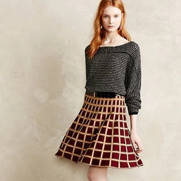 Anthropologie Moth Brown Knit Windowpane Skater Skirt XS - Picture 1 of 13